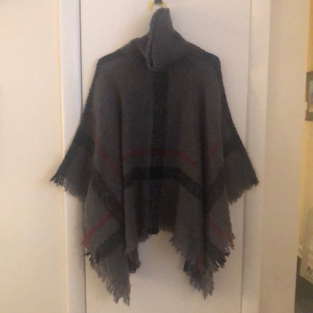 Turtleneck plaid poncho sweater
